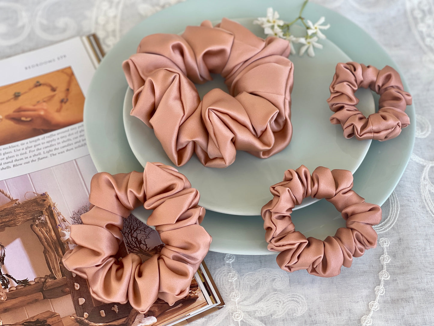 Rose Gold 30 Momme 6A Grade 100% Pure Mulberry Silk Satin Scrunchies XL Giant Jumbo Regular Skinny Ultra Thin Mini Hair Tie Gift For her