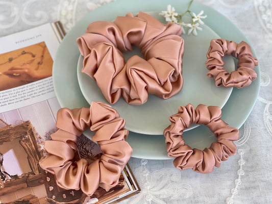 Rose Gold 30 Momme 6A Grade 100% Pure Mulberry Silk Satin Scrunchies XL Giant Jumbo Regular Skinny Ultra Thin Mini Hair Tie Gift For her