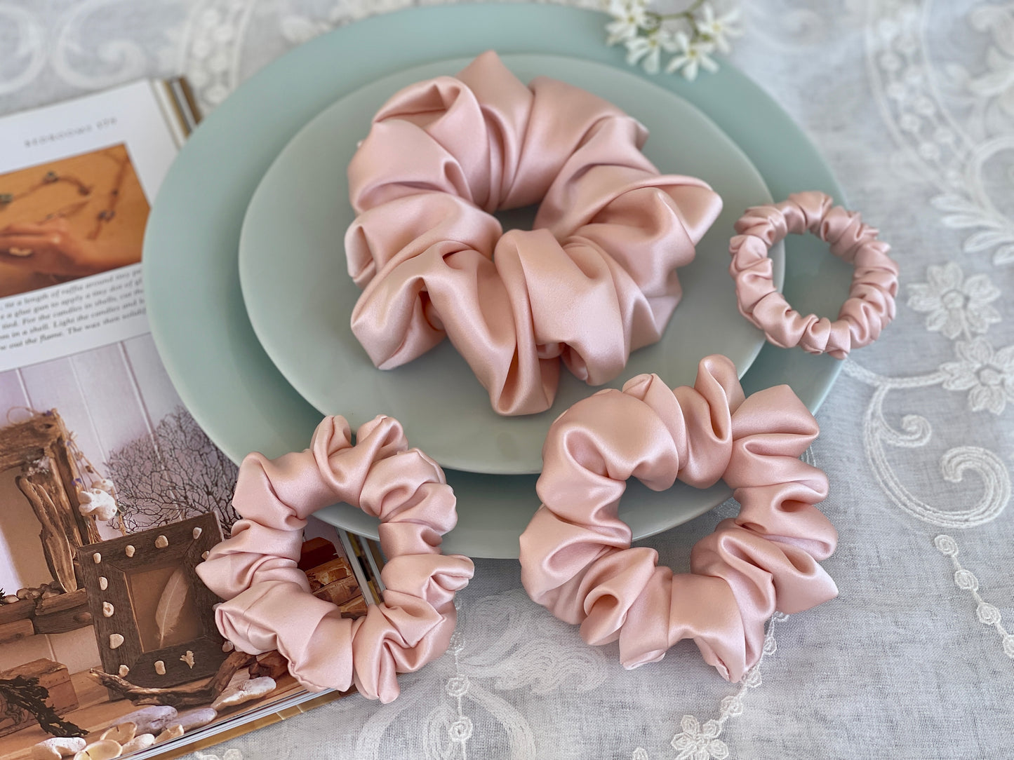 Pink Blush 30 Momme 6A Grade Pure Mulberry Silk Satin Scrunchies XL Oversized Jumbo Regular Skinny Thick Thin Mini Chic Hair Tie Romantic