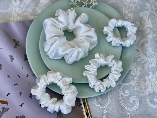 White Scrunchies 30 momme silk Hair Tie Soft Satin Elastic Hair Tie Scrunchies Oversized Scrunchies Jumbo Large Skinny Mini Bride Pure Silk