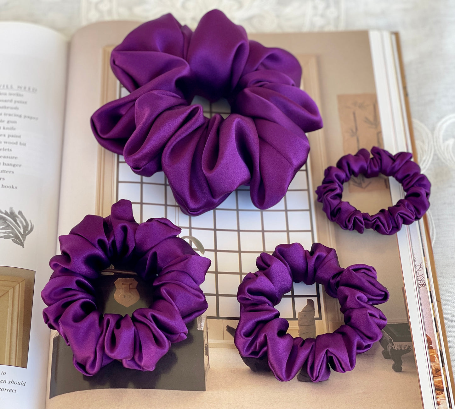 Indigo Hair Tie 30 Momme Gifts Idea Pure Mulberry Silk Satin Scrunchies XL Oversized Jumbo Regular Skinny Thick Thin Mini Scrunchy Fashion