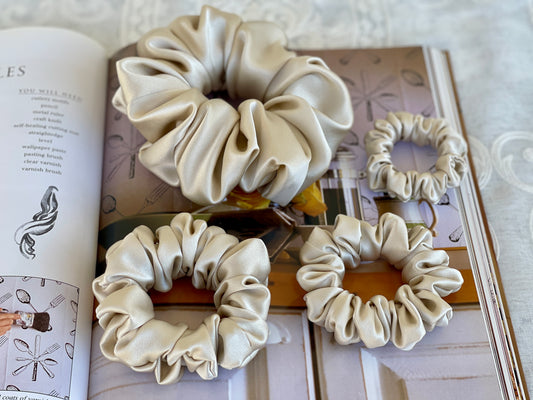 Bone White 30 Momme 6A Grade 100% Pure Mulberry Silk Satin Scrunchies XL Giant Jumbo Regular Skinny Ultra Thin Mini Hair Tie Gift For her