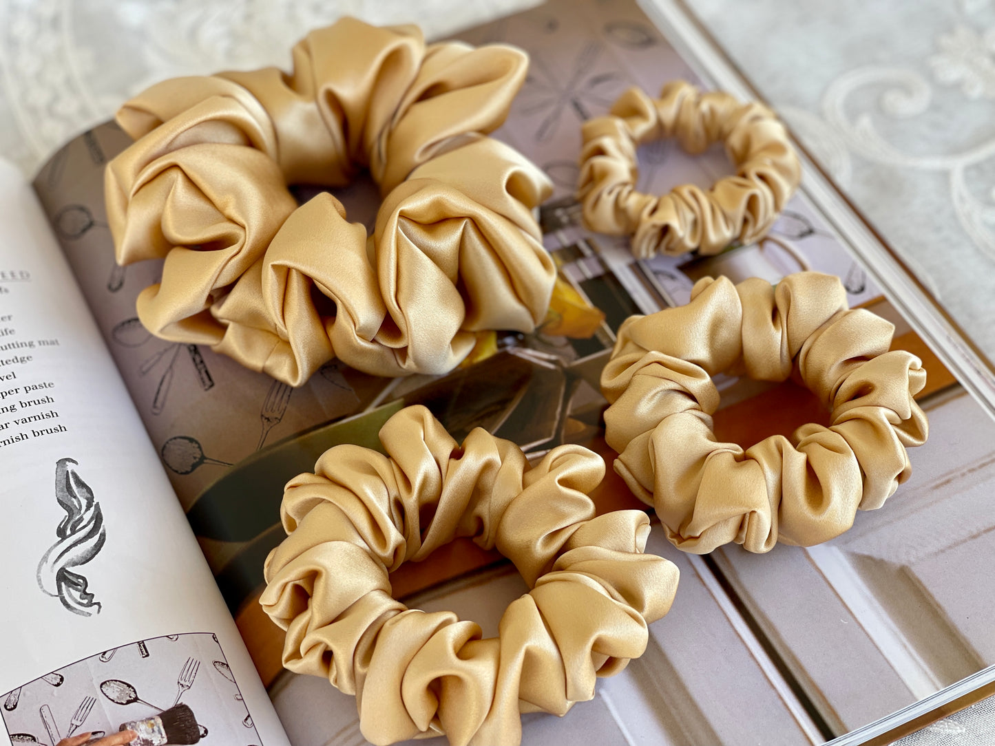 Champagne 30 Momme 6A Grade 100% Pure Mulberry Silk Satin Scrunchies XL Giant Jumbo Regular Skinny Ultra Thin Mini Hair Tie Gift For her