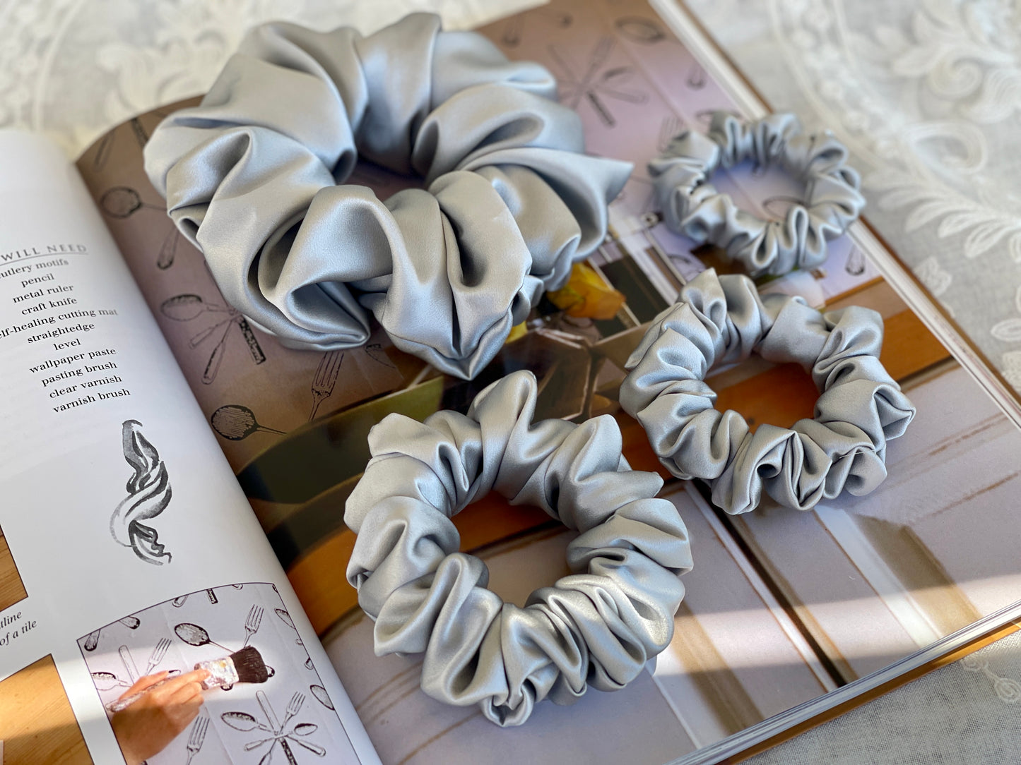 Silver 30 Momme 100% Pure Mulberry Silk Satin Scrunchies XL Oversized Giant Scrunchies WIDE ELASTIC Thin Regular Thick 90s fashion Hair Tie