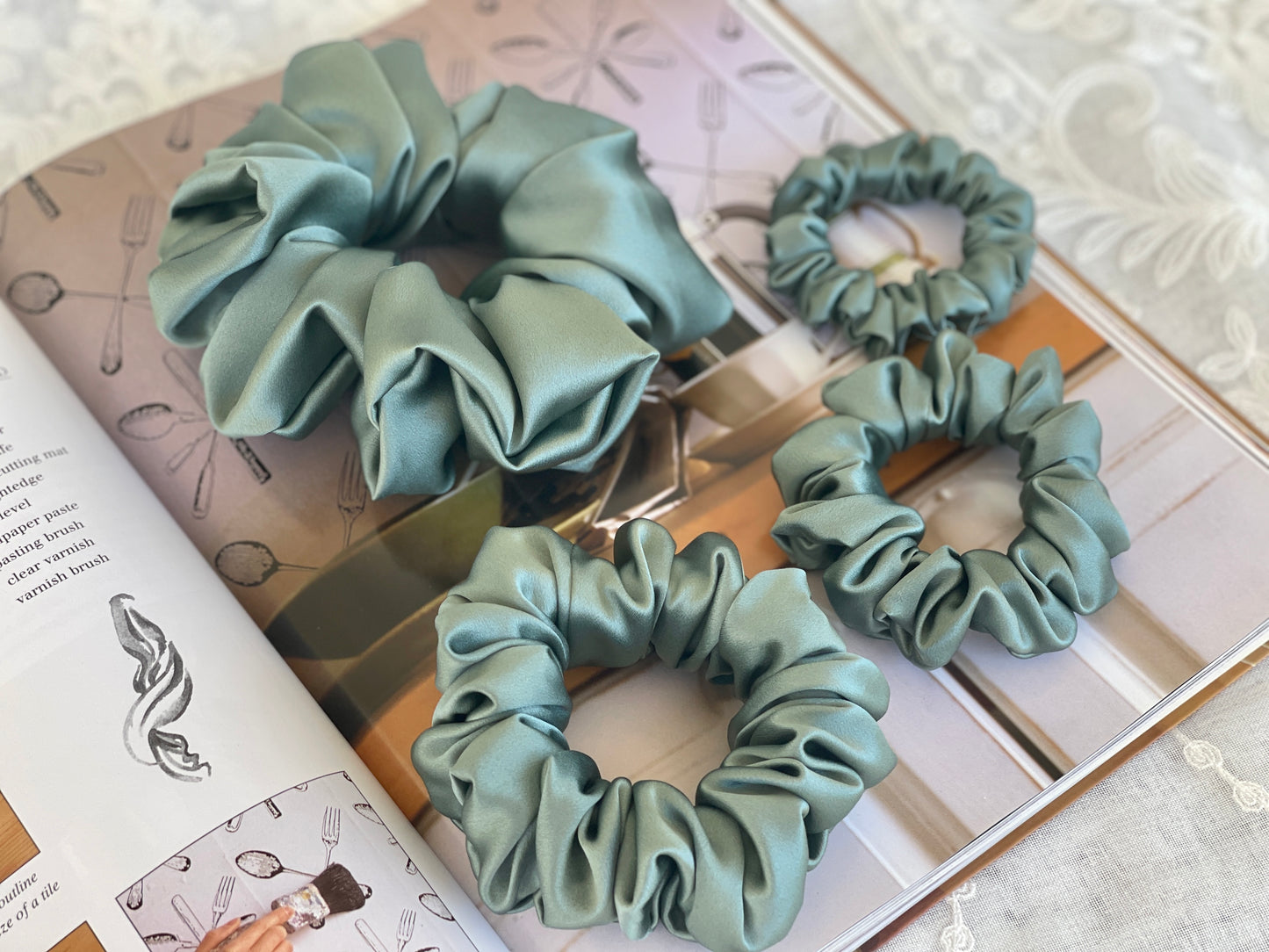Sage Green 30 Momme 100% Pure Mulberry Silk Satin Scrunchies XL Giant Jumbo Regular Skinny Ultra Thin Mini Hair Scrunchies for bridesmaids