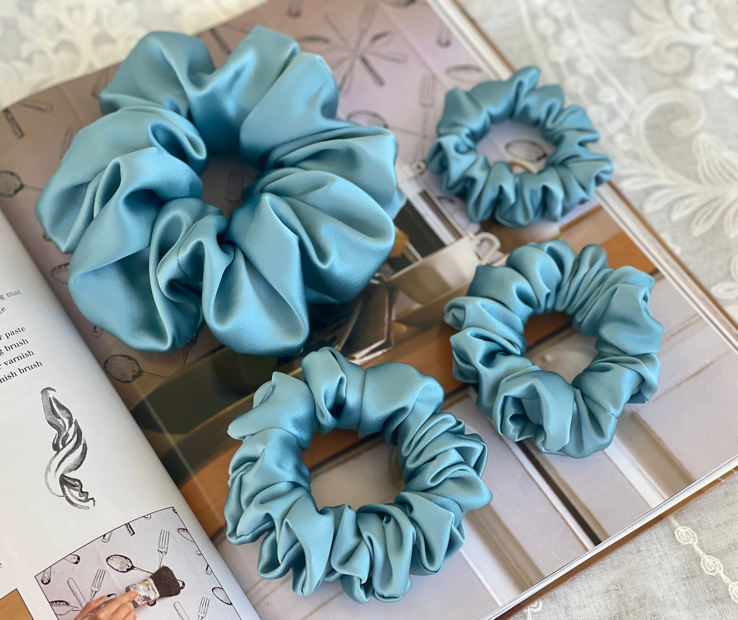 Blue Grey 30 Momme 6A Grade 100% Pure Mulberry Silk Satin Scrunchies XL Giant Jumbo Regular Skinny Ultra Thin Mini Hair Tie Gift For her