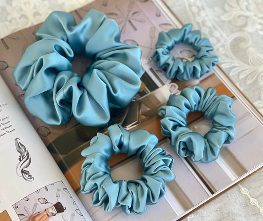 Blue Grey 30 Momme 6A Grade 100% Pure Mulberry Silk Satin Scrunchies XL Giant Jumbo Regular Skinny Ultra Thin Mini Hair Tie Gift For her