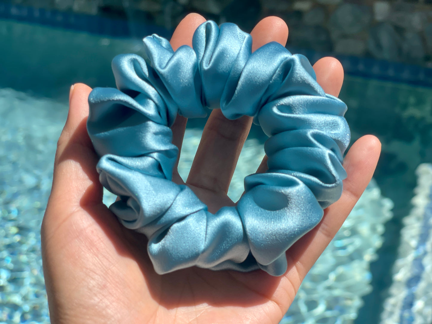 Blue Grey 30 Momme 6A Grade 100% Pure Mulberry Silk Satin Scrunchies XL Giant Jumbo Regular Skinny Ultra Thin Mini Hair Tie Gift For her