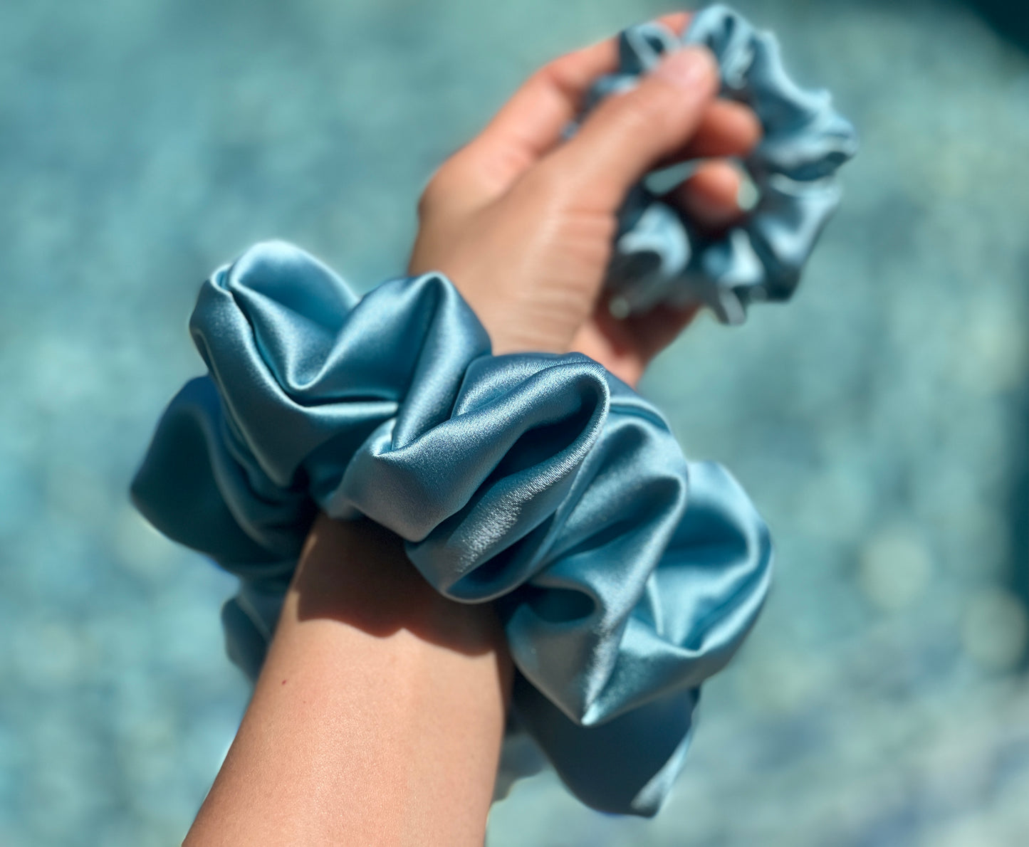 Blue Grey 30 Momme 6A Grade 100% Pure Mulberry Silk Satin Scrunchies XL Giant Jumbo Regular Skinny Ultra Thin Mini Hair Tie Gift For her