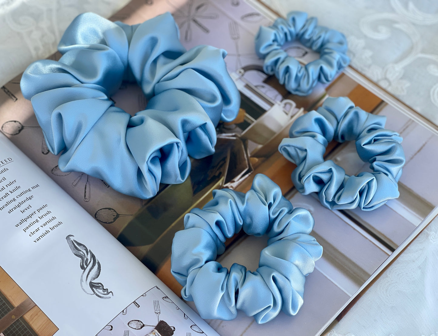 Sky Blue 30 Momme 100% Pure Mulberry Silk Satin Scrunchies XL Giant Jumbo Regular Skinny Ultra Thin Mini Hair Tie Gift For Wedding Hair Tie