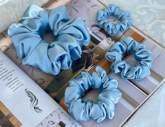 Sky Blue 30 Momme 100% Pure Mulberry Silk Satin Scrunchies XL Giant Jumbo Regular Skinny Ultra Thin Mini Hair Tie Gift For Wedding Hair Tie