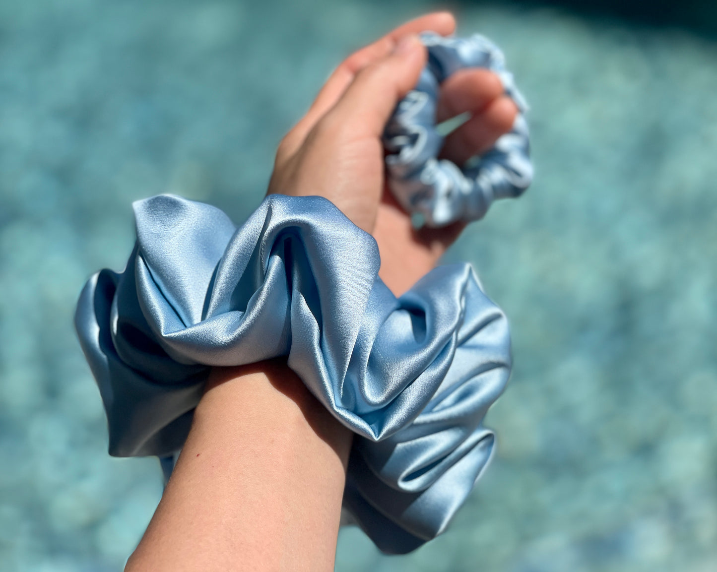 Sky Blue 30 Momme 100% Pure Mulberry Silk Satin Scrunchies XL Giant Jumbo Regular Skinny Ultra Thin Mini Hair Tie Gift For Wedding Hair Tie