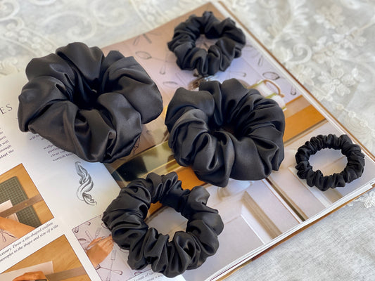 Black 30 Momme 6A Grade 100% Pure Mulberry Silk Satin Scrunchies XL Giant Jumbo Regular Skinny Ultra Thin Mini Hair Tie Gift For her
