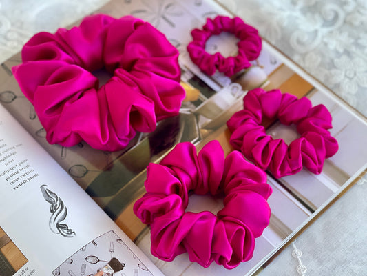 Pink Fushia Hair Tie 30 Momme 6A Grade 100% Pure Mulberry Silk Scrunchies Oversized Jumbo Regular Skinny Ultra Thin Mini Hair Scrunchy Gift