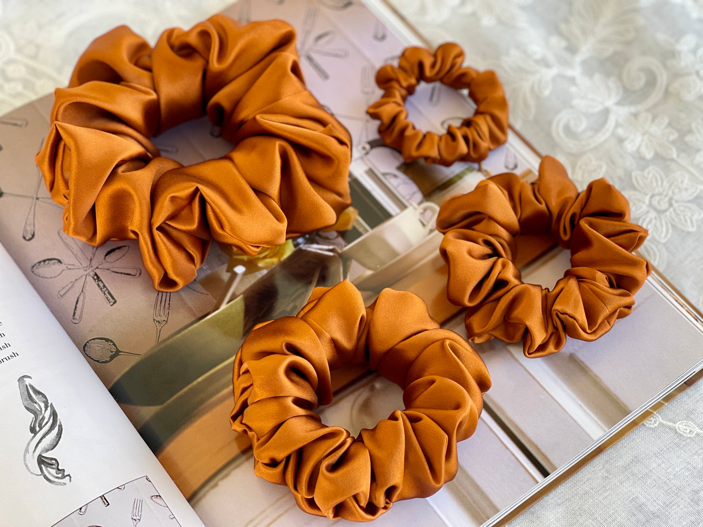 Copper 30 Momme 100% Pure Mulberry Silk Satin Scrunchies XL Giant Jumbo Regular Skinny Ultra Thin Mini Hair Tie Gift For Wedding Hair Tie