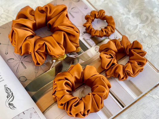 Copper 30 Momme 100% Pure Mulberry Silk Satin Scrunchies XL Giant Jumbo Regular Skinny Ultra Thin Mini Hair Tie Gift For Wedding Hair Tie