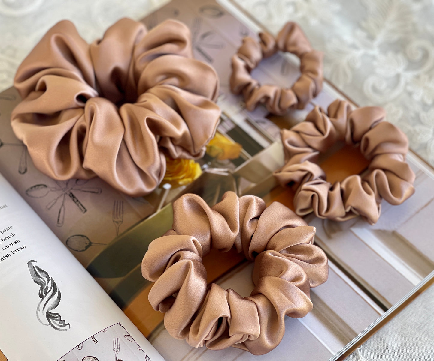 Latte 30 Momme 100% Pure Mulberry Silk Satin Scrunchies XL Giant Jumbo Regular Skinny Ultra Thin Mini Hair Scrunchies for bridesmaids